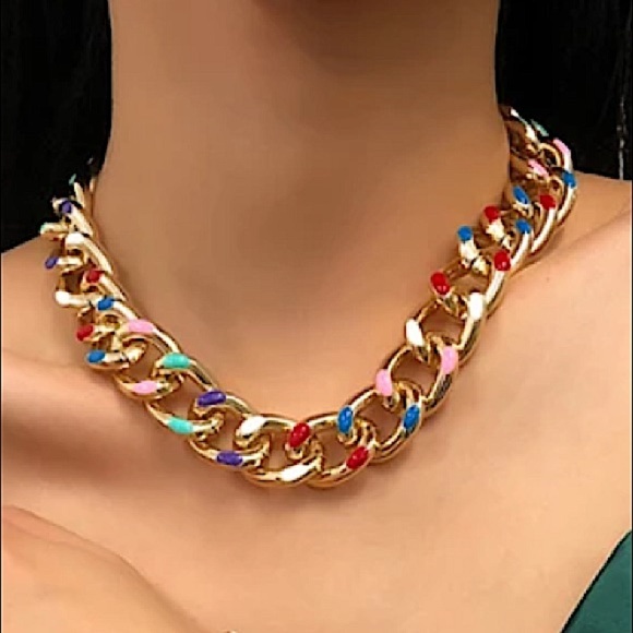 Color Block Gold Plated Chain Link Necklace - Picture 5 of 12